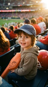 Happy young football fan holding foam finger and helmet in stadium. Concept of family sports events, fan merchandise, ticket sales, youth engagement and championship promotion.