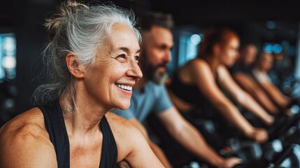 Fototapeta premium Mature woman with silver hair smiling confidently while exercising on a stationary bike in a modern fitness gym setting