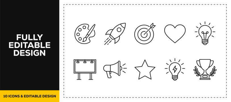 flat vector illustration line art icon bundle set design highlighting creative startup ideas business launching rockets innovation strategies and successful thinking UI