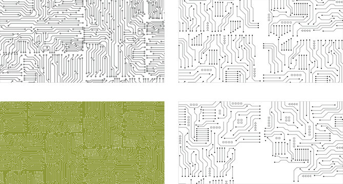 Microchip Circuit Layout Illustration Bundle. Modern Printed Circuit Board Graphics Set