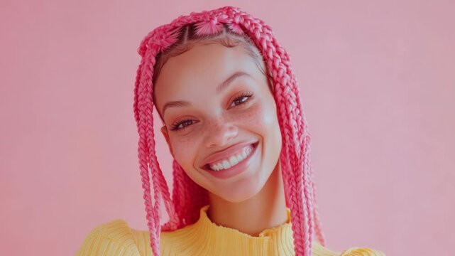 Smiling young woman with pink braided hair in yellow sweater on pink background, bold fashion portrait, joyful individuality, vibrant youth style.