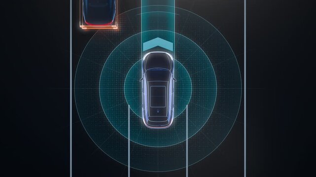Top View Autonomous Car Sensors Monitoring Traffic Moving Bottom to Top