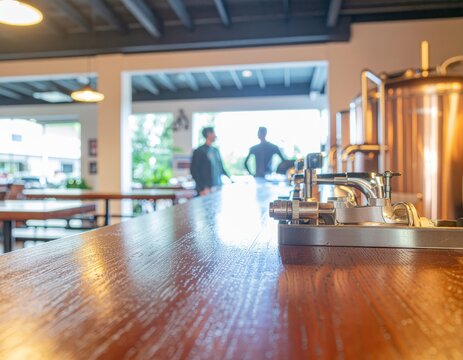 Wooden bar counter surface with brewing equipment in blurry microbrewery