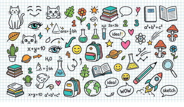 Hand Drawn Grid Paper Doodle Set with Cats School Symbols Math Formulas and Plants Vector