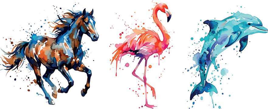 Vibrant watercolor splash animal vectors collection featuring running stallion horse pink flamingo and leaping dolphin