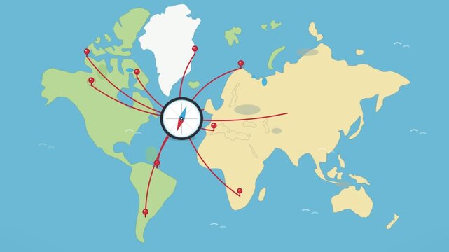 Flat animated world map with a spinning compass connecting travel route lines to location pins.