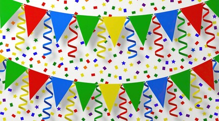 Obraz premium Bright party streamers and colorful triangular flags hang across white space with confetti. Festive decoration for any celebration event creating a happy atmosphere.