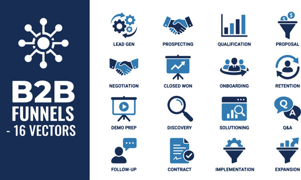 Advanced B2B Funnels and Sales Pipeline Vector Icon Set for Modern Business Marketing Strategy and Lead Generation.