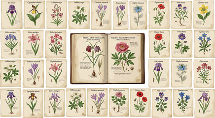Vintage botanical illustration set with open herbarium book and separate old paper cards featuring colorful wild flowers and plants