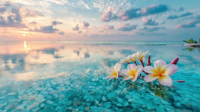 frangipani flowers float in infinity pool on tropical seascape animation