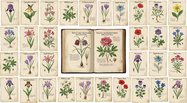 Vintage botanical illustration set with open herbarium book and separate old paper cards featuring colorful wild flowers and plants