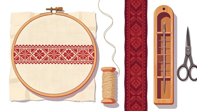Belarusian Folk Embroidery Tools in Clean Heritage Vector Style