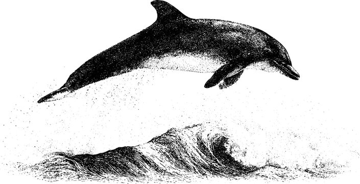 Single bottlenose dolphin jumping over breaking wave and sea spray for marine background and conservation poster design