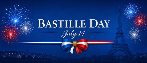 Bastille Day France Celebration Banner with French Flag Ribbon, Eiffel Tower and Fireworks Background