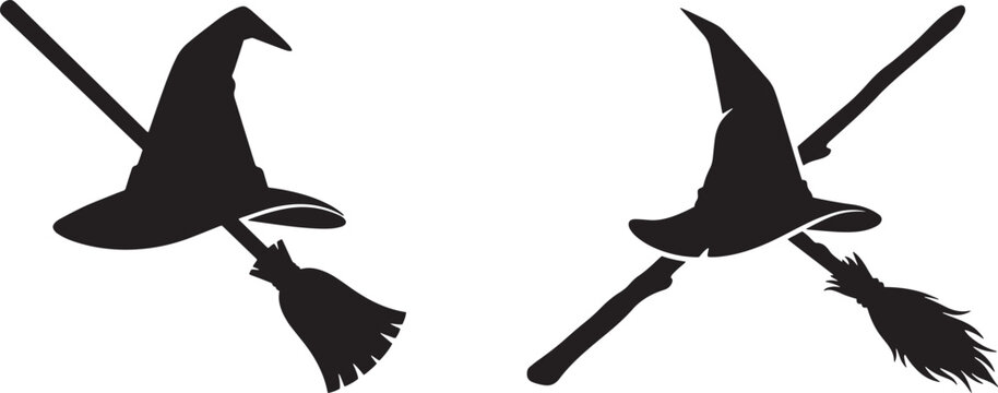 Set of witch hat and broomstick silhouettes, vintage Halloween magical wizard costume elements, spooky traditional pointer cap with broom vector illustration isolated on white background