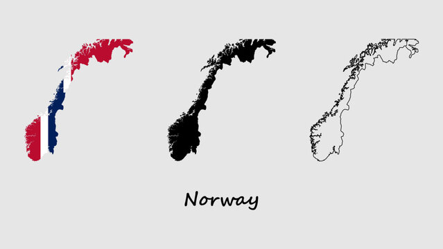 Norway map set. Norway map vector on flag, silhouette, and outline. Norway map on gray background