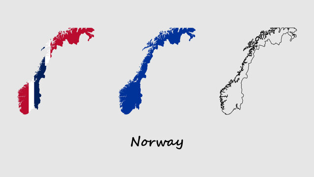 Norway map set. Norway map vector on flag, blue, and outline. Norway map on gray background