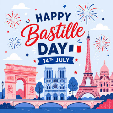 Happy Bastille Day Paris Landmarks with Eiffel Tower and Fireworks