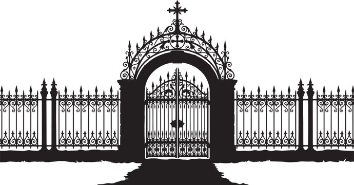 Gothic cemetery gate silhouette, vintage wrought iron fence with gothic arch and christian cross, spooky Halloween graveyard entrance border vector illustration isolated on white background