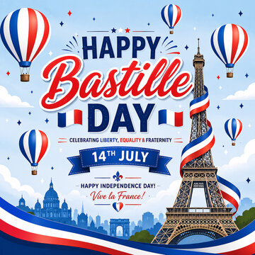 Happy Bastille Day Celebration with Hot Air Balloons and Eiffel Tower