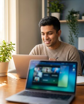Smiling remote worker joining online meeting with two laptops in bright home office. Concept of hybrid work, video conferencing, online training and digital collaboration.