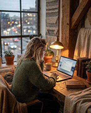 Woman working on laptop beside city window in cozy home office at dusk. Concept of remote work, freelancing, online study, flexible schedules and urban lifestyle.