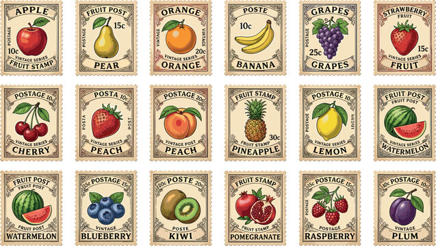 Vintage postage stamp vector design collection featuring elegant retro fruit illustrations with ornate borders and numerical values