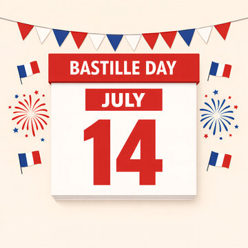 Bastille Day July 14 Calendar Design with Bunting Flags and Fireworks