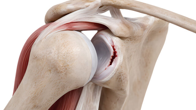 Shoulder labral tear 3D medical illustration showing torn glenoid labrum in realistic shoulder joint anatomy for orthopedic healthcare, sports medicine education, radiology, and patient education use