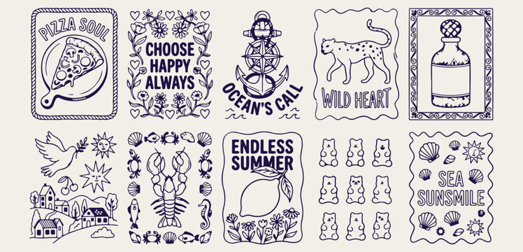 Summer travel label card design, cute doodle typography badge vector, beach lifestyle quote collection wallpaper, blue ink summer holiday print, funny tropical adventure text background, happy ocean w