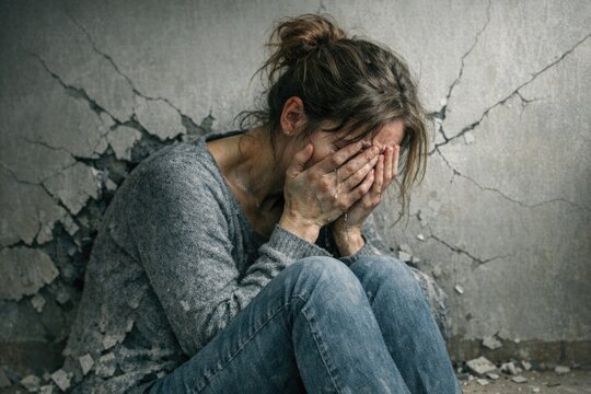 A woman sitting on the ground covering her face with her hands, possibly due to embarrassment or shame