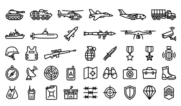 Military icons set tanks aircraft weapons and tactical equipment line art