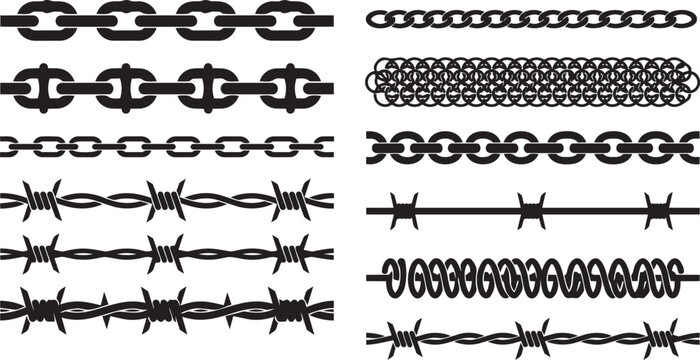 Black chain link and barbed wire border vector brush set