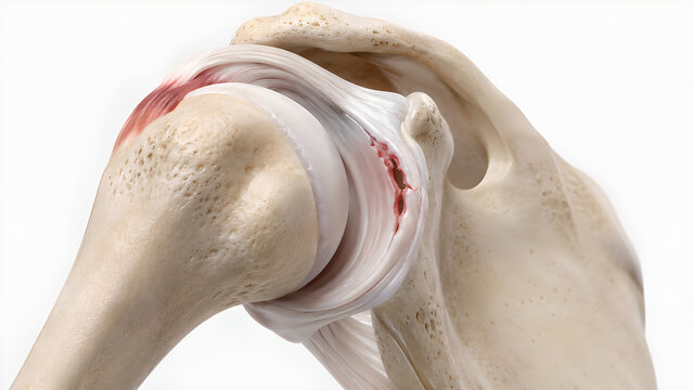 Shoulder labral tear 3D medical illustration showing torn glenoid labrum in realistic shoulder joint anatomy for orthopedic healthcare, sports medicine education, radiology, and patient education use