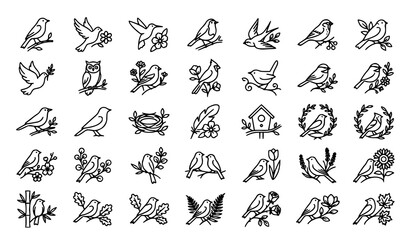 Fototapeta premium Black and white bird illustrations with flowers and leaves