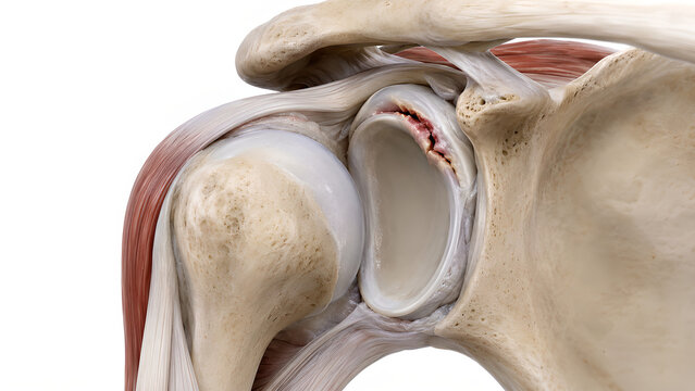 Shoulder labral tear 3D medical illustration showing torn glenoid labrum in realistic shoulder joint anatomy for orthopedic healthcare, sports medicine education, radiology, and patient education use