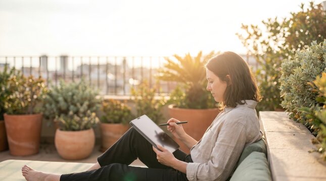 Woman using digital tablet with stylus on sunny rooftop terrace. Concept of creative work, digital design, remote business and flexible outdoor workspace.