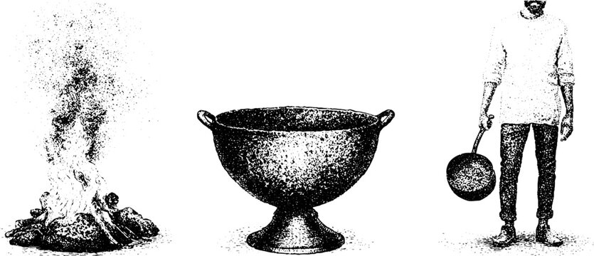 Coppersmith workshop elements with fire and hammered vessel in black and white stipple set for banner and design layouts