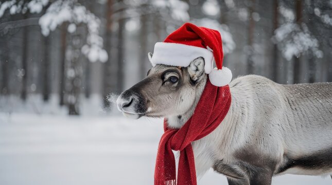 A reindeer in a snowy forest wears a red Santa hat and matching scarf, evoking a festive holiday atmosphere.