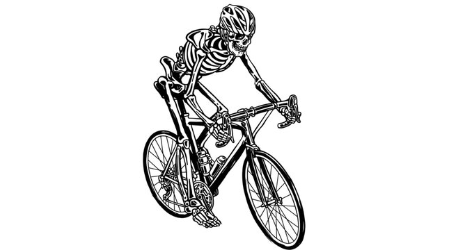 Skeleton riding bicycle. Road bike racing design. Vintage t shirt vector graphic.. Cyclist skull d