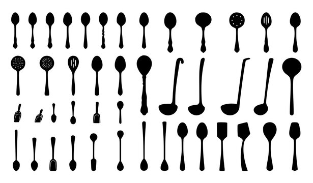 Collection of various kitchen spoons and utensils silhouettes