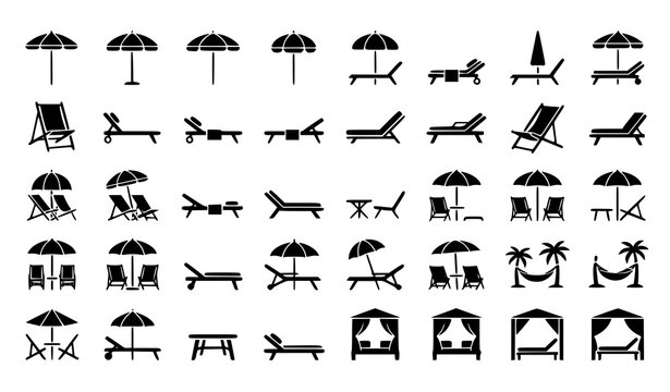 Beach icon set parasols deck chairs hammocks and beach furniture silhouettes