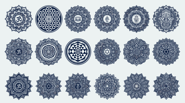 Collection of intricate mandalas and sacred geometric patterns in deep blue.