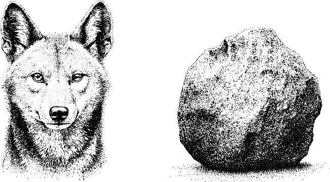 Black and white stippled dingo face with outback boulder for nature background and wildlife study layout