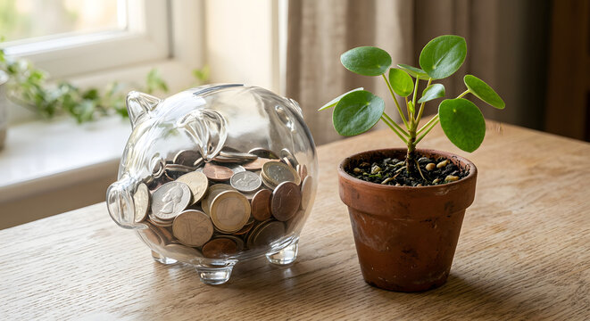 A clear glass piggy bank filled with coins next to a small potted plant on a wooden table