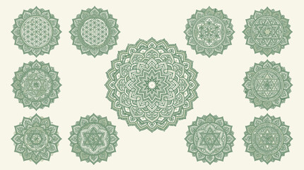 Fototapeta premium Intricate green mandalas arranged on a light background. Sacred geometry collection.