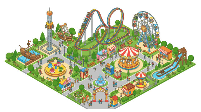 Colorful Isometric Amusement Park with Roller Coaster and Ferris Wheel