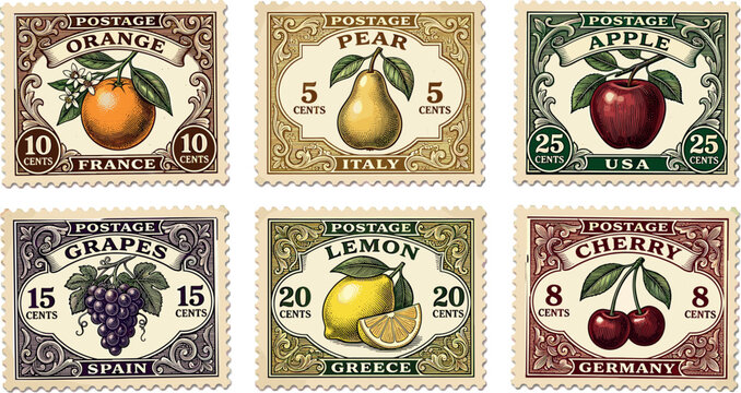 Vintage international postage stamp collection featuring detailed botanical sketches of orange pear apple grapes lemon and cherry vector illustration
