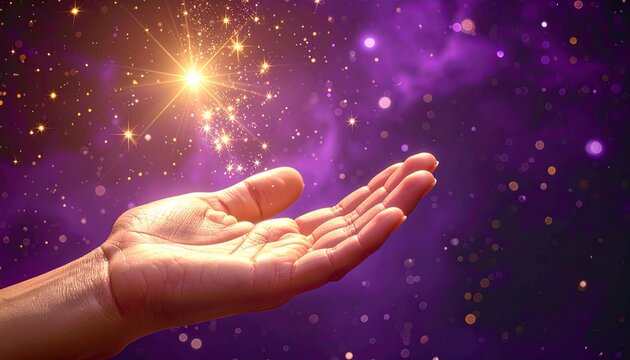 Mystical fortune telling scene with an open palm facing upward and soft glowing golden stars, magic and destiny concept