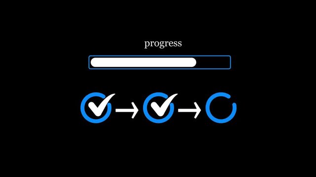 Minimalist blue progress loading bar animation showing a multi step workflow with checkmark check icons on black background for data system update or task completion stock video